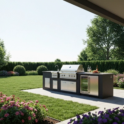 Outdoor kitchen setup in a sunny backyard