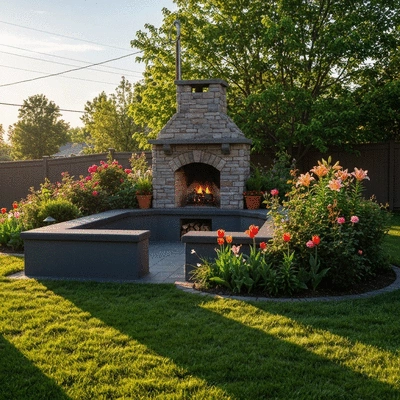 Custom outdoor fireplace in a cozy backyard setting