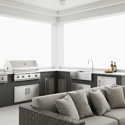 Beautiful outdoor kitchen with seating and cooking area