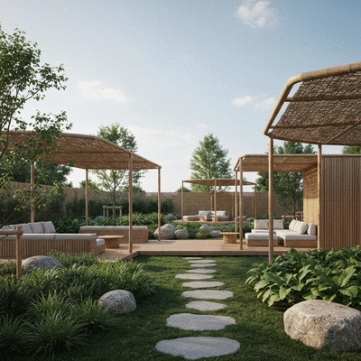 Sustainable outdoor living space with shade structures