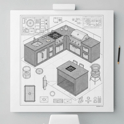 Outdoor kitchen layout with design plans