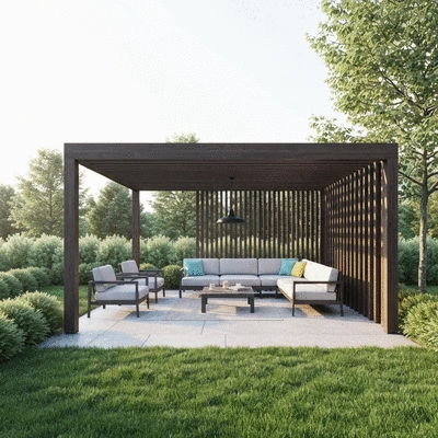 Stylish pergola in a beautiful backyard with outdoor furniture