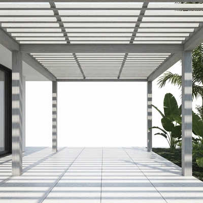 Modern louvered pergola in a backyard setting