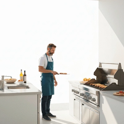 User using outdoor kitchen