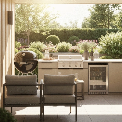 Beautifully designed outdoor kitchen with seating and grill