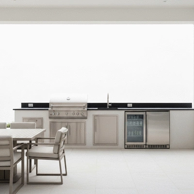 Stylish outdoor kitchen with modern appliances and seating