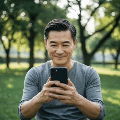 User enjoying a smartphone in a park