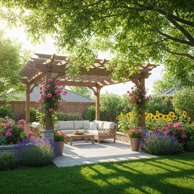 Lifestyle image of a beautiful backyard with a pergola