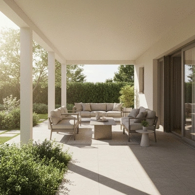 Beautifully designed covered patio with modern furniture