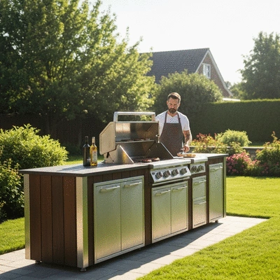 User grilling in a backyard BBQ island