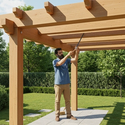 User performing routine maintenance on a wood pergola