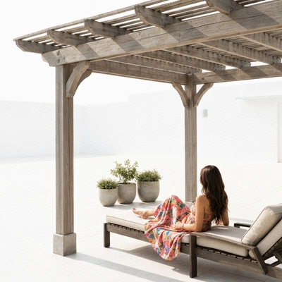 User enjoying outdoor living space with pergola