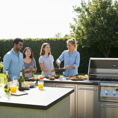 User cooking in an outdoor kitchen with friends