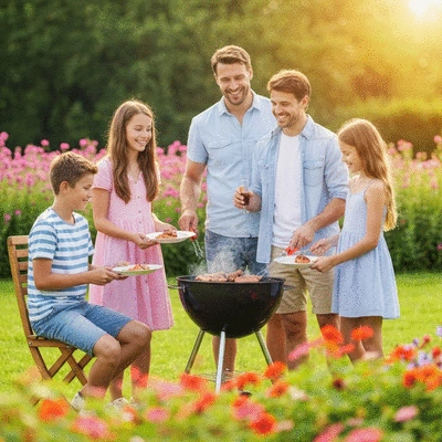 Family enjoying a BBQ meal outdoors