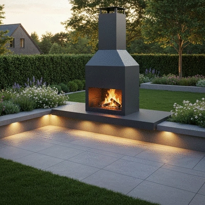Stylish outdoor fireplace in a beautifully designed backyard