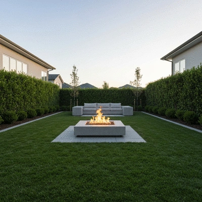 Fire pit in a beautifully designed backyard