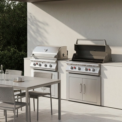 Outdoor kitchen setup with grill and dining area