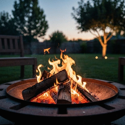 Wood fire pit with logs burning