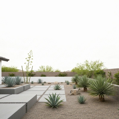 Desert backyard with heat-resistant plants and materials