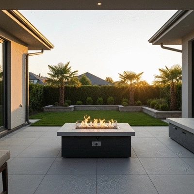 Gas fire pit in a modern backyard